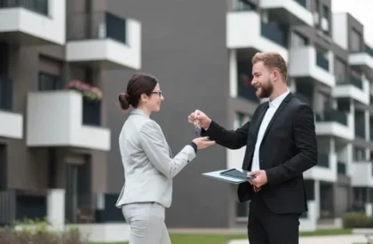 Real estate agent handing property keys to a client outside an apartment building.