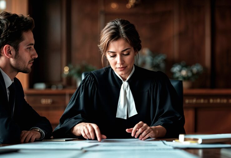 Female judge reviewing legal documents in a courtroom.